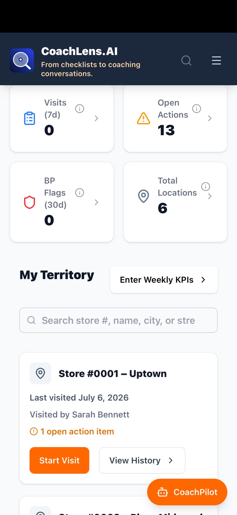 Mobile territory dashboard with tiles for weekly visits, open actions, brand-protection flags, and total locations, above a store card with Start Visit and View History buttons.
