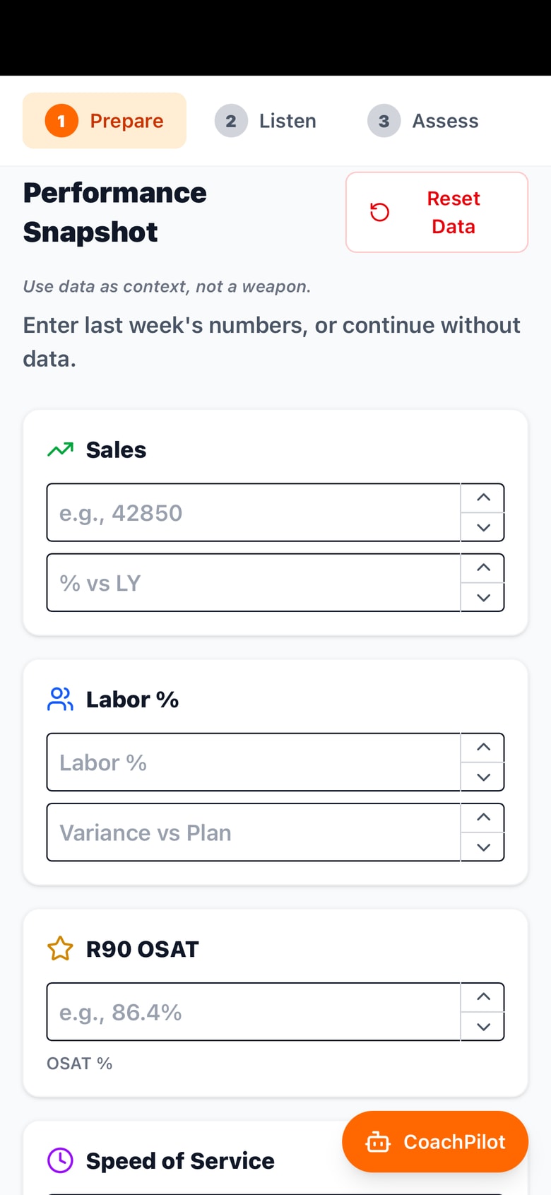 Prepare step of a mobile visit showing the Performance Snapshot — entry fields for last week's sales, labor percent, and OSAT — under the reminder to use data as context, not a weapon.