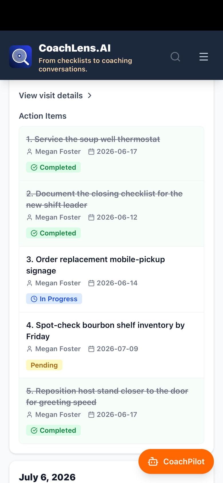 Action items from a completed visit on a phone — five owned, dated items with completed, in-progress, and pending statuses.