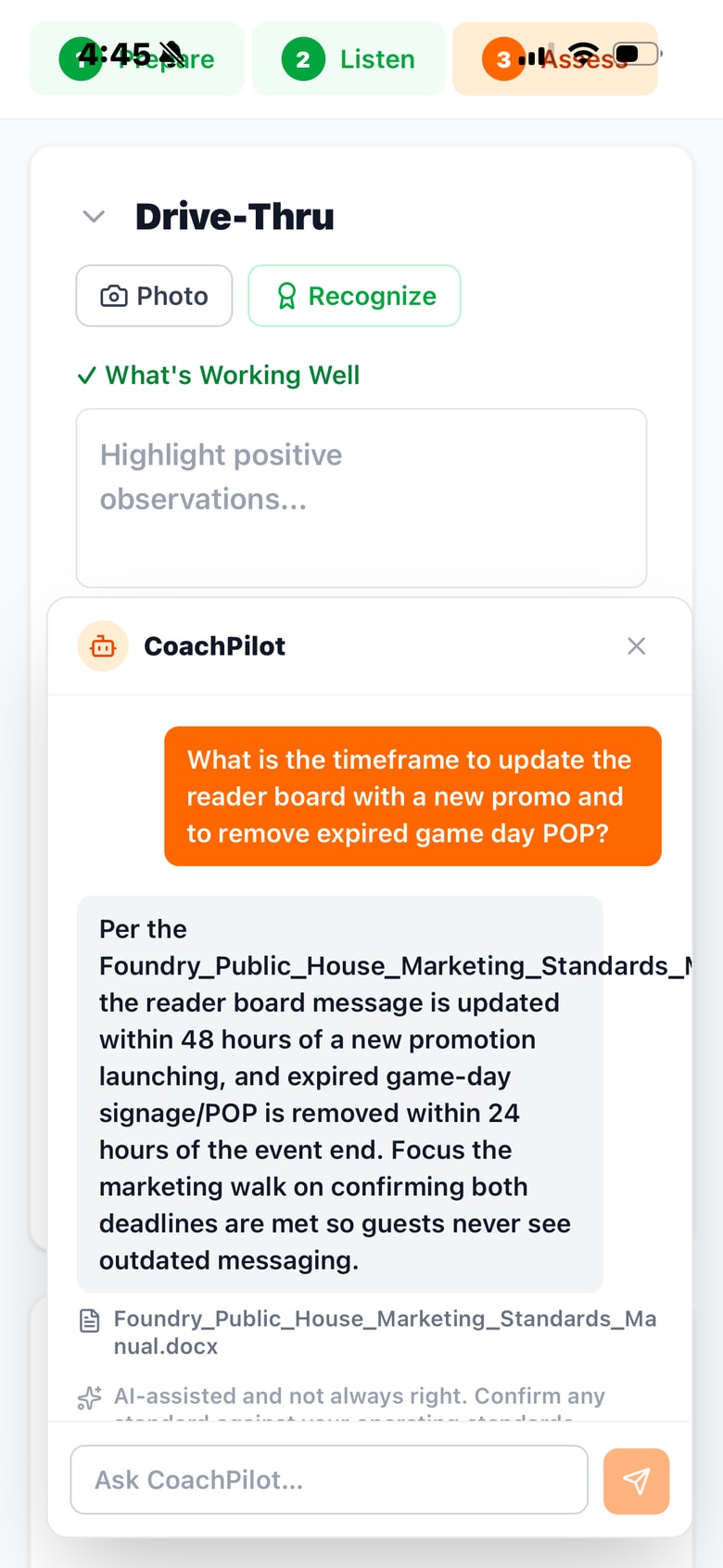 Assess step of a mobile visit in the Drive-Thru zone with Photo and Recognize buttons, while the CoachPilot assistant cites the brand's marketing standards manual on reader-board timing.